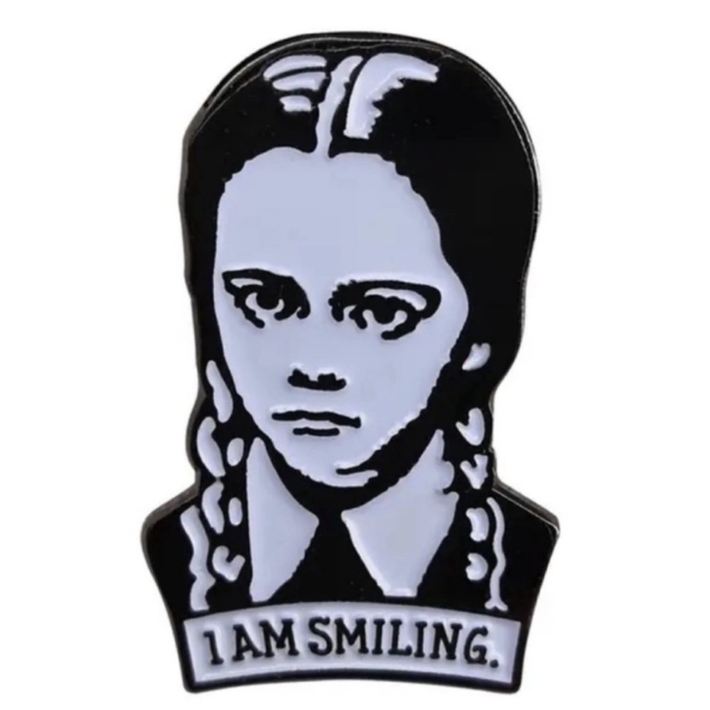Wednesday Addams “I Am Smiling” Black And White Enamel Metal Pin.
